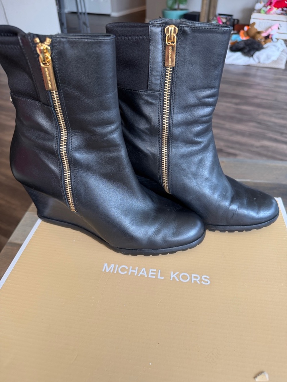Michael Kors Black Leather Wedge Ankle Boots with Gold Zippers